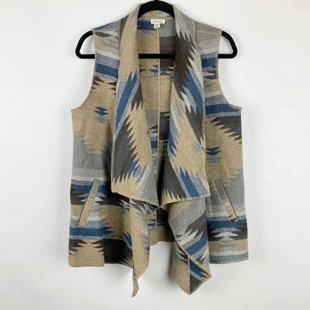 Tribal Jeans Southwestern Print Open Front Sleeveless‎ Vest Cardigan Womens P/M